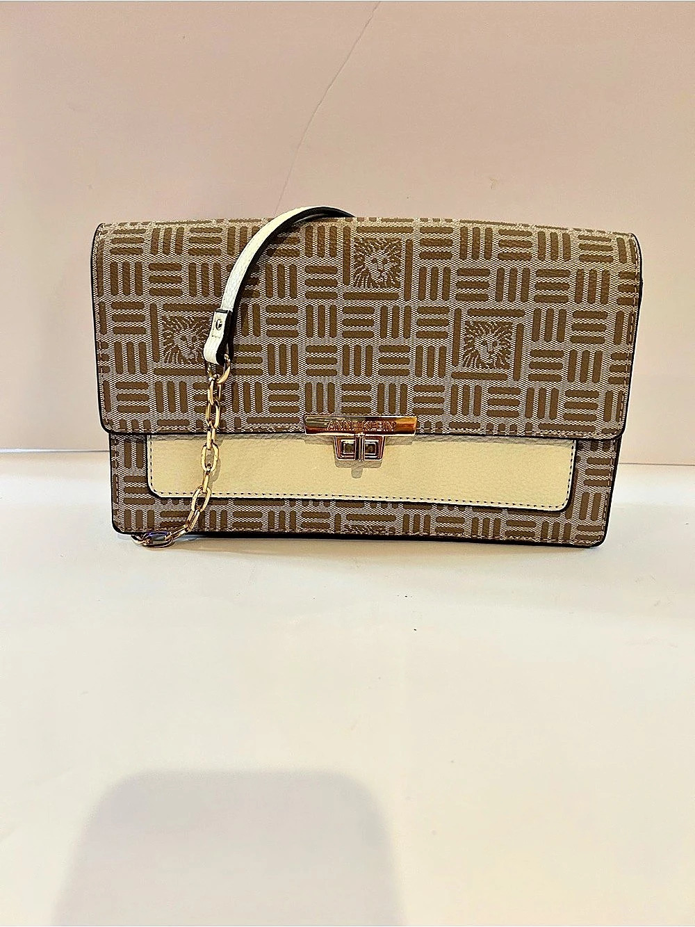 Anne Klein Lion Logo Flap Bag Brown & Cream